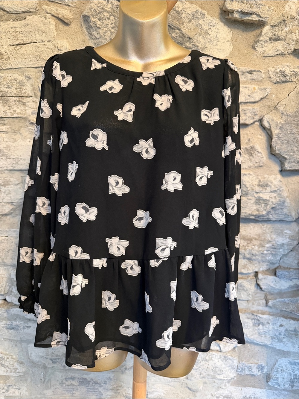 Black Floral Print Long-Sleeve Peplum Blouse